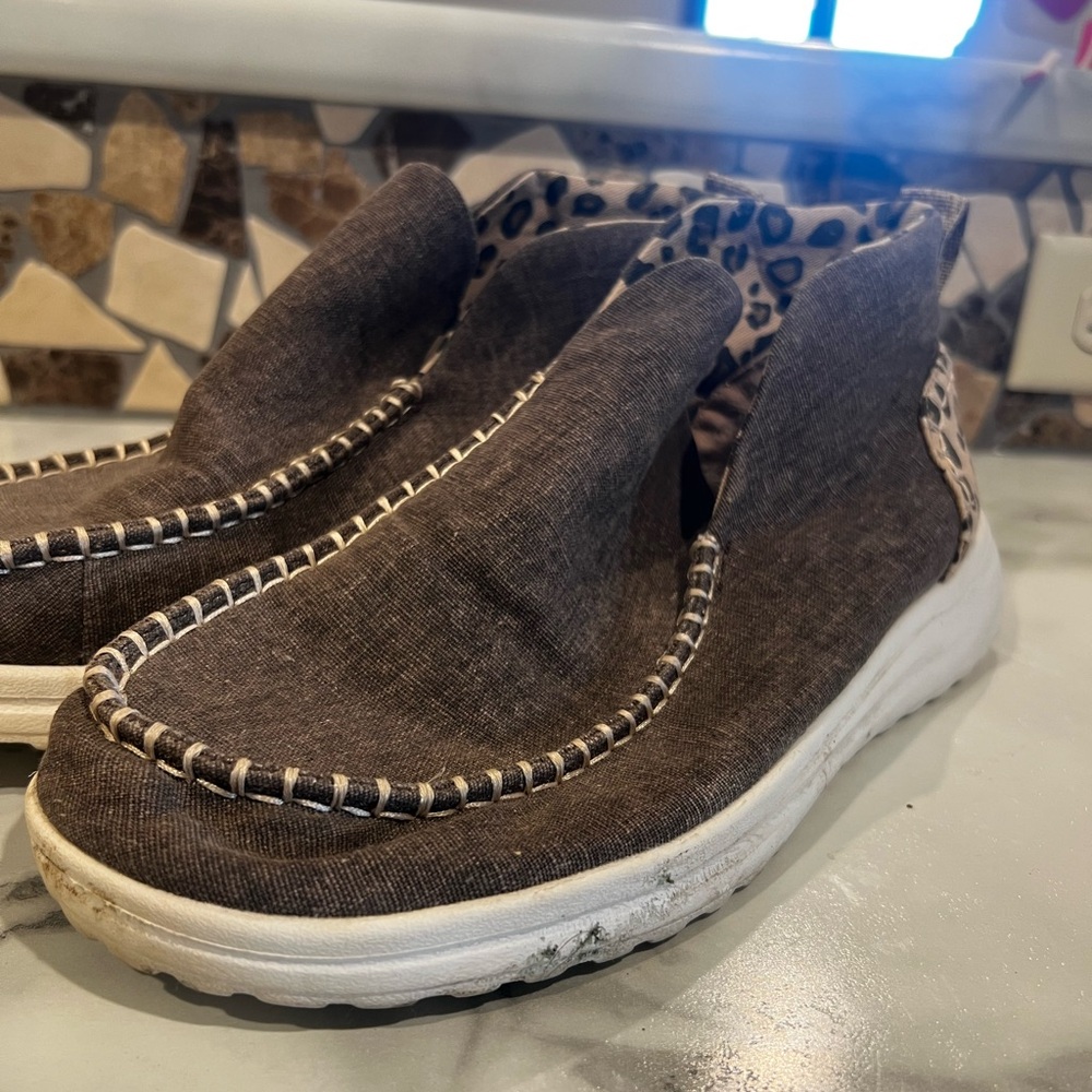 Hey Dude Women's Brown Slip-On Loafers with Leopard Accent